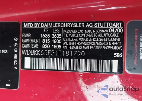 2001 Mercedes-Benz Slk 320 from USA, damaged, VIN WDBKK65F31F181790